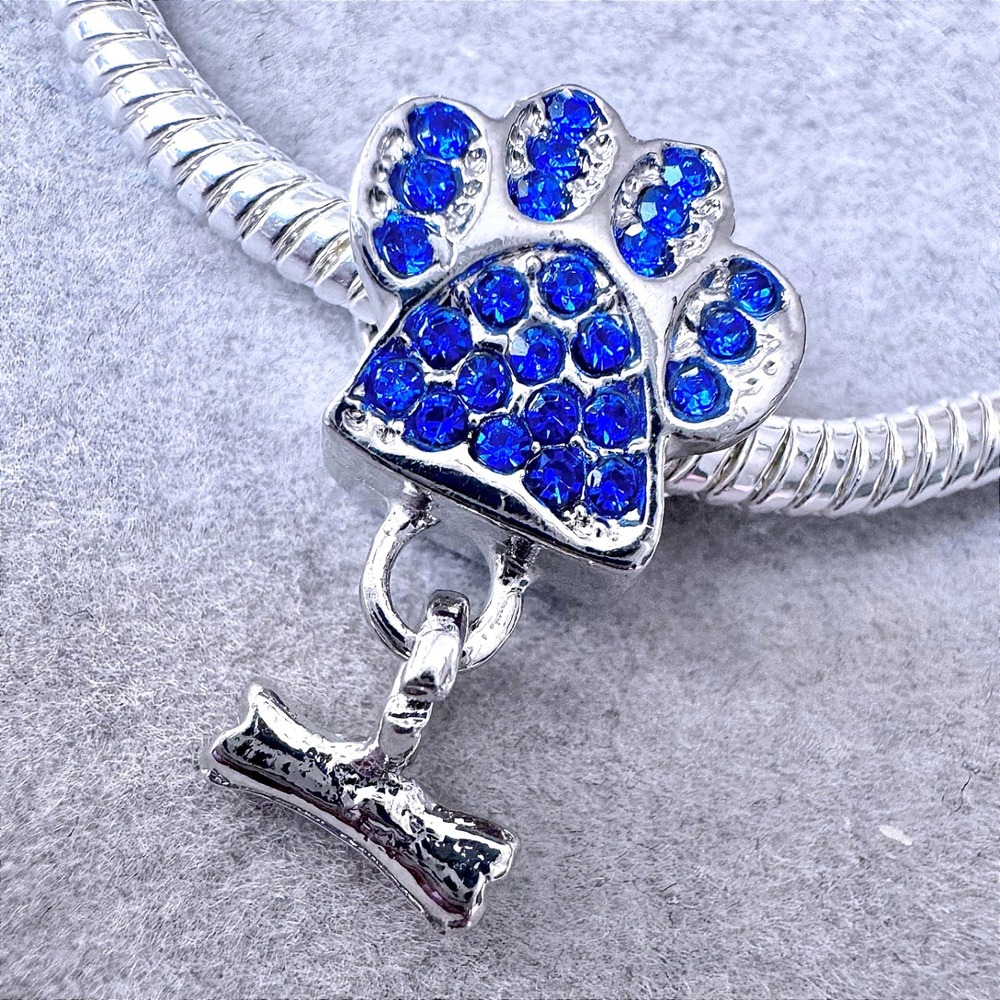 Blue Rhinestone Paw Print Bone‎ European Dangle Charm fits PANDORA